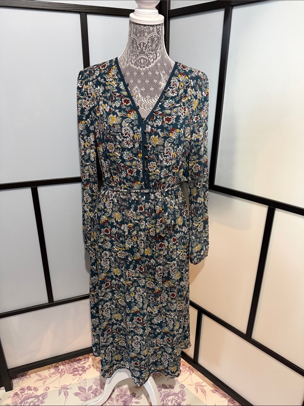 DR2 Teal Floral Long Sleeve V-Neck Dress